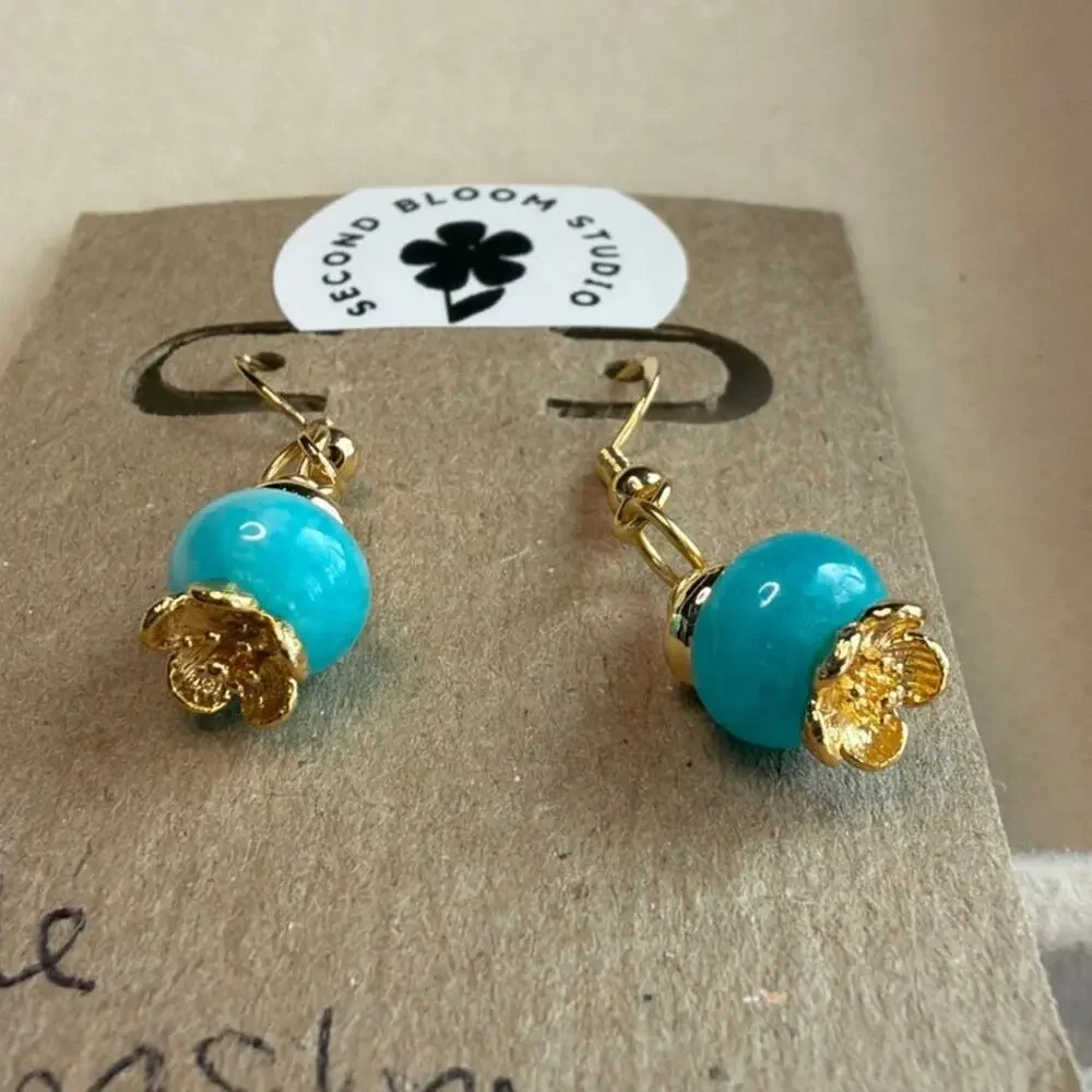 Jade Gemstone Earrings, Teal, Blue, Gold Over Sterling Silver, Flower